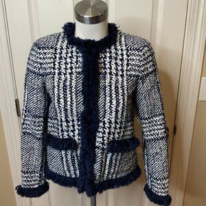 Carolina Herrera Navy Blue & White Painted Striped Jacket W/ Fringe Trim, Size 6